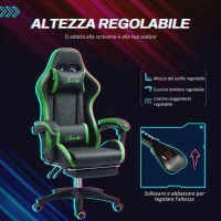 Vinsetto Sedia da Gaming con Altezza Regolabile e Schienale Reclinabile, 65x65x121-129 cm, Nero e Verde(m-4)