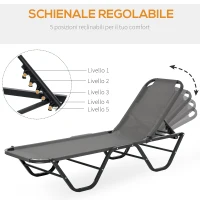 Outsunny Lettino Prendisole in Alluminio con Schienale Reclinabile a 5 Livelli, 163x58.5x91cm, Grigio(m-5)