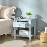 HOMCOM Bedside End Table Nightstand w/ Drawer Open Shelf Table Top Metal Handle Classic Home Stylish Furniture Grey(m-7)