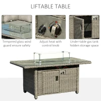 Outsunny 8-Seater Outdoor PE Rattan Sofa Set Conversation Set w/ Fire Pit Table, L-Shape Sofa, Footstool and Furniture Cover(m-5)