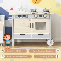 HOMCOM Kids Wooden Toy Kitchen Play Cooking Set Pretend Role Playset Game with Wheels, Sink, Cooking Bench, Drawers, for 3-5 Years(m-4)