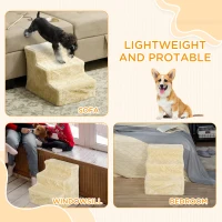 PawHut Three-Step Dog Stairs, with Washable Plush Cover, for High Bed Sofa, Dog Stairs for Small Dog and Cat - Beige(m-7)