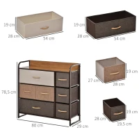 HOMCOM Cómoda para Dormitorio con 7 Cajones Plegables Parte Superior de Madera y Marco Metálico 80x29x78,5 cm Multicolor(m-3)