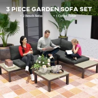 Outsunny 3 Pieces Garden Furniture Set, Aluminium 4 Seater Corner Sofa Set with 2 Loveseats, Coffee Table and Side Trays, Outdoor Conversation Furniture with Cushions for Garden, Dark Grey(m-4)