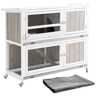 PawHut Wooden Pet Hutch, Two-Tier Cage with Rain Cover, Wheels, White(m-1)