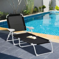 Outsunny Bain de Soleil Pliable - transat inclinable 4 Positions - Chaise Longue Grand Confort avec accoudoirs - métal époxy textilène - dim. 186L x 66l x 80H cm - Noir(m-2)