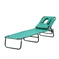 Outsunny Foldable Outdoor Sun Lounger Adjustable Backrest Reclining Chair with Pillow and Reading Hole Garden Beach, Dark Green(m-11)