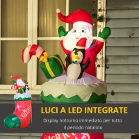 Outsunny Babbo Natale Gonfiabile con Pinguino e Calza Natalizia, Luci LED e Gonfiatore Incluso, 90x50x149cm(m-5)