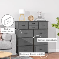 HOMCOM Commode meuble de rangement 10 tiroirs en tissu pliables et amovibles structure acier dim. 100L x 30l x 100H cm noir(m-5)