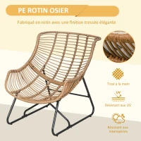 Outsunny Chaise de jardin chaise d'extérieur en rotin PE avec coussin dim. 75l x 101P x 90H cm naturel(m-5)