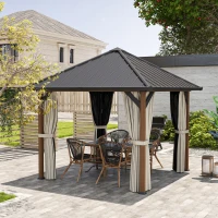 Outsunny 3 x 3(m) Hardtop Gazebo with Galvanised Steel Roof and Water Gutter, Waterproof Permanent Pavilion Garden Gazebo with Netting and Curtains for Patio, Deck, Walnut Wood Finish(m-9)