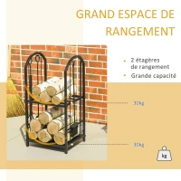 Outsunny Porte-bûches range bûches 2 niveaux étagère à bois de cheminée serviteur de cheminée multi-accessoires 2 étagères dim. 41,5L x 32,5l x 74,5H cm métal noir(m-4)