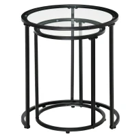 HOMCOM Juego de 2 Mesitas Auxiliares Anidadas con Estructura de Metal y Encimera de Cristal Ø50x58 cm y Ø37x51 cm Negro(m-11)