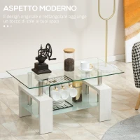 HOMCOM Tavolino da Caffè Moderno a 2 Livelli in Vetro e Legno, 90x50x42cm, Bianco(m-4)