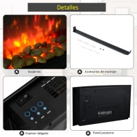 HOMCOM Chimenea Eléctrica de Pared 900/1800W Chimenea Silenciosa con Mando a Distancia Termostato Efecto Llamas Negro(m-5)