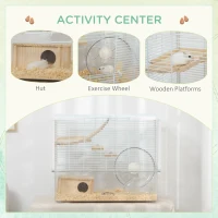 PawHut Hamster Cage, Gerbil Cage with Wooden Ramp, Exercise Wheel, Food Bowl - White(m-4)