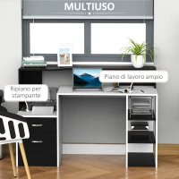 HOMCOM Scrivania per Ufficio con Ripiano Stampante, 2 Cassetti e 3 Mensole, in MDF Bianco e Nero, 137 x 55 x 92cm(m-4)