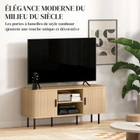HOMCOM Meuble TV avec 2 portes tambour à lamelles design scandinave pour télévision jusqu'à 55 pouces 120 cm ton chêne(m-4)