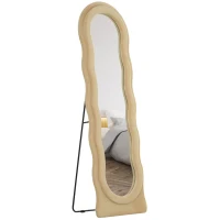 HOMCOM Espejo de Cuerpo Entero 160x50 cm Diseño Ondulado Marco con Tela de Terciopelo para Salón Dormitorio Beige(m-10)