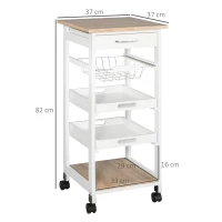HOMCOM Carrello da Cucina Salvaspazio in Legno di Pino e MDF, Carrello Portaoggetti con Cassetto, Cestello, 2 Vassoi e 4 Ruote Universale, 37x37x82cm, Bianco(m-3)