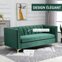 HOMCOM Canapé 3 Places Style Art Déco piètement Acier doré revêtement Velours Vert Sapin(m-5)