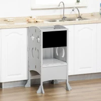 HOMCOM Kids Step Stool Toddler Kitchen Stool with Blackboard Lockable Handrail for Kids Kitchen Counter Grey(m-8)