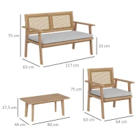 Outsunny Ensemble salon de jardin 4 pièces 4 personnes avec canapé 2 places, 2 fauteuils 1 table basse coussins, bois d'acacia(m-3)