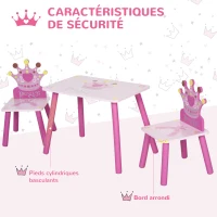 HOMCOM Ensemble table et 2 chaises enfant 3 pièces, pieds en bois massif, table enfant avec chaise motif couronne, pour filles et garçons de 2 à 4 ans, rose(m-4)