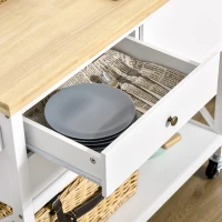 HOMCOM Desserte de cuisine multi-rangements - dim. 108L x 45l x 89H cm - poignées métal MDF blanc plateau bois hévéa(m-8)