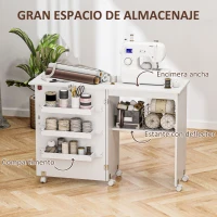HOMCOM Mesa Plegable de Costura con Compartimentos de Almacenamiento Estante Abierto y 5 Ruedas para Dormitorio Salón Blanco(m-5)