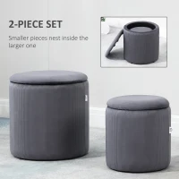 HOMCOM Set of 2 Round Ottoman with Storage, Fabric Vanity Stool for Makeup, Footrest Stool with Removable Lid for Living Room & Bedroom, Grey(m-4)