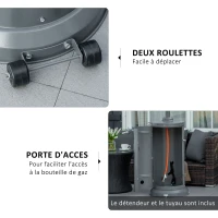 Outsunny Parasol Chauffant 12,5 KW Chauffage d'extérieur gaz Chauffage de terrasse - Double sécurité - Puissance réglable - roulettes - détendeur et tuyau de gaz fournis Acier INOX. Gris(m-5)