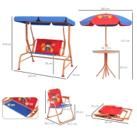 Outsunny 4 Piece Kids Garden Furniture Set with Adjustable Canopy, Cowboy Themed, Kids Garden Table and Chair Set and Double Seat Swing Chair for Patio Park Porch, for Ages 3-6 Years - Red and Blue(m-3)