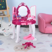 HOMCOM 26 Pcs Kids Children Vanity Dressing Table Magic Glamour Princess Mirror Makeup Table Stool Set w/ Beauty Kit Lights Music Jewellery Pretend Toy Fuchsia(m-10)
