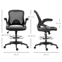 Vinsetto Chaise bureau ergonomique, fauteuil de bureau avec repose-pieds, chaise de dessin à dossier en maille, hauteur réglable, accoudoirs, assise rembourrée et pivotante 360°, noir(m-3)