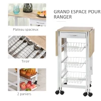 HOMCOM Chariot de service desserte de cuisine à roulettes multi-rangements 3 paniers métal + tiroir + rallonges MDF blanc chêne clair(m-6)