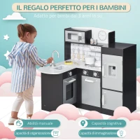 HOMCOM Cucina Giocattolo per Bambini in Legno con 14 Accessori, Forno, Lavandino, Frigo e Microonde, Età 3+ Anni, 86x64x84.5cm, Argento e Marrone(m-4)