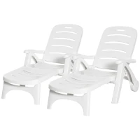 Outsunny 2PCs Outdoor Folding Sun Lounger Recliner on Wheels w/ 5-Position Backrest, White(m-11)