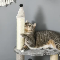 PawHut Albero Tiragraffi per Gatti con Casetta e Lettino, Rivestimento Peluche e Gioco, 48x48x86cm, Grigio(m-7)