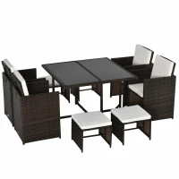 Outsunny Conjunto de Muebles de Jardín Comedor 9 Piezas de Ratán Apilables con Cojines para Terraza 1 Mesa 4 Sillas y 4 Taburetes de Exterior Elegante Marrón(m-1)