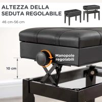 HOMCOM Sgabello per Pianoforte con Altezza Regolabile e Contenitore in Legno e Finta Pelle, 63x35x46-56cm, Nero(m-4)