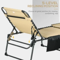 Outsunny Folding Sun Lounge with 5-level Reclining Back, Outdoor Tanning Chair with Reading Hole, Outdoor Sun Lounge with Side Pocket, Headrest, for Beach, Yard, Patio, Beige(m-6)