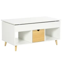 HOMCOM Table basse rectangulaire avec plateau relevable 1 tiroir, 2 niches et coffre - en bois aspect bois clair et blanc(m-10)