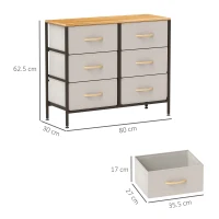 HOMCOM Fabric Chest of Drawers, Industrial Bedroom Dresser with 6 Fabric Drawers, Steel Frame and Wooden Top for Nursery, Living Room, Hallway, Cream White(m-3)