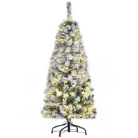 HOMCOM 4FT Prelit Artificial Snow Flocked Christmas Tree with Warm White LED Light, Holiday Home Xmas Decoration, Green White(m-10)