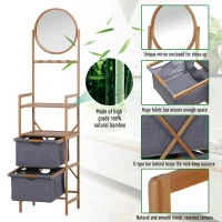 HOMCOM Meuble colonne rangement salle de bain bambou design naturel 41L x 33l x 166H cm 2 étagères, 2 paniers, 4 patères + miroir(m-5)