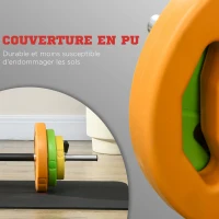 HOMCOM Ensemble haltères et barre 20 kg avec 6 haltères disques de 1,5 kg, 2,5 kg et 5 kg gym musculation orange vert et jaune(m-5)