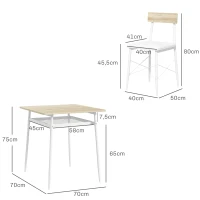 HOMCOM Conjunto de Mesa y Sillas de Comedor de 3 Piezas con Estante Abierto Estructura de Acero Blanco y Roble(m-3)