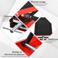 HOMCOM Lève moto béquille d'atelier stand moto tout-terrain moto cross supermotard hauteur réglable 10-37H cm acier charge max. 500 Kg rouge et noir(m-6)