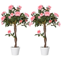 Outsunny Set of 2 Artificial Plants Pink Rose Floral in Pot, Fake Plants for Home Indoor Outdoor Decor, 90cm